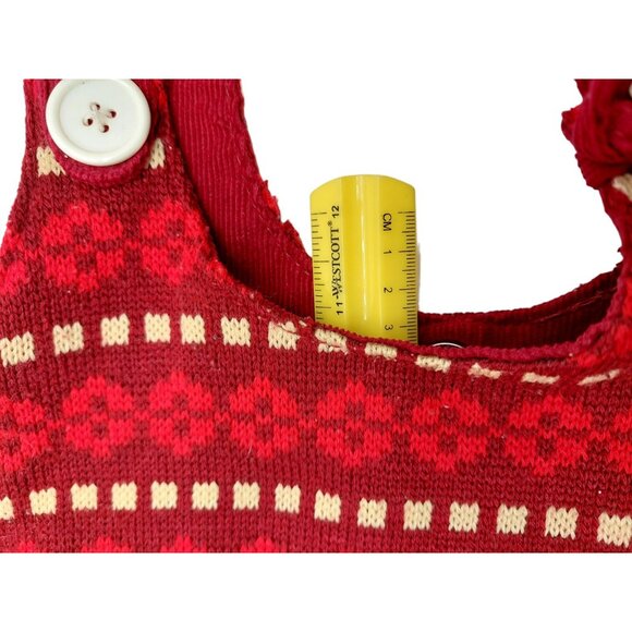 Knit Crocheted Red Boho Hand Shoulder Bag patterned with pom poms snap closure - Picture 7 of 10